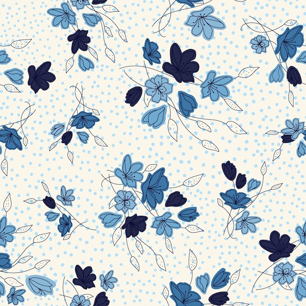 Patrón abstracto natural floral transparente fondo blanco estilo dibujado a mano Flores azules hojas