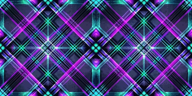 Un patrón abstracto vibrante con líneas intersectantes en tonos de púrpura y azul que crea un efecto visual dinámico