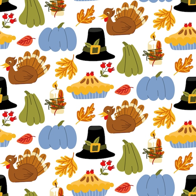 Patrón de Acción de Gracias feliz sin costuras con elementos en un estilo plano sombrero de tarta de calabaza de pavo dibujado a mano