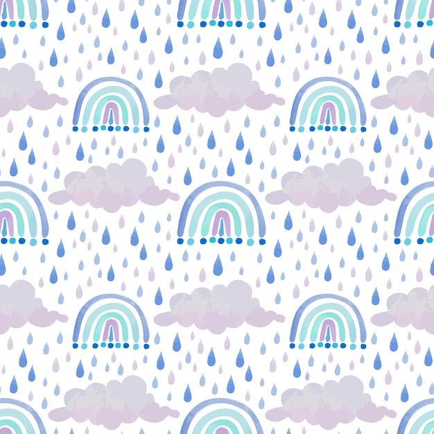 Patrón de acuarela arco iris azul con nubes y gotas de lluvia
