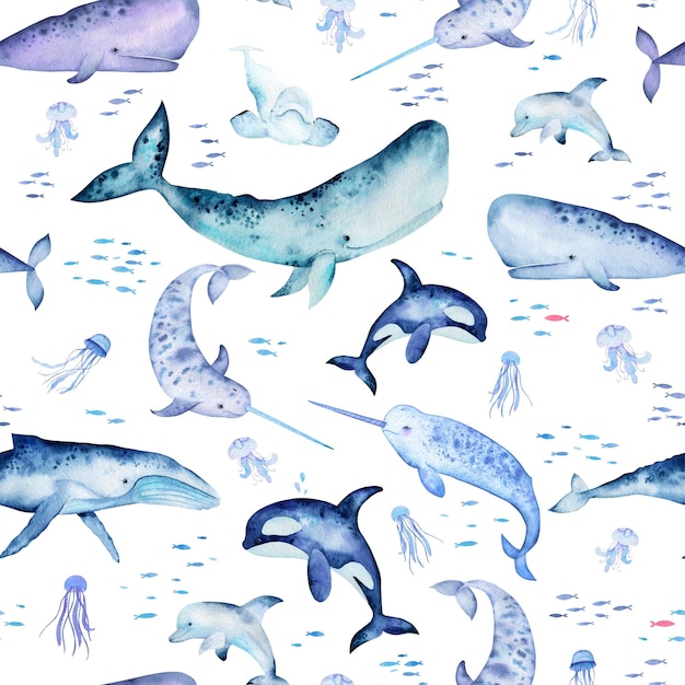 Patrón de acuarela de ballenas y mamíferos marinos