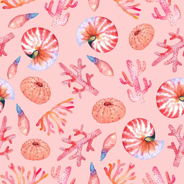 Patrón de acuarela conchas rosa