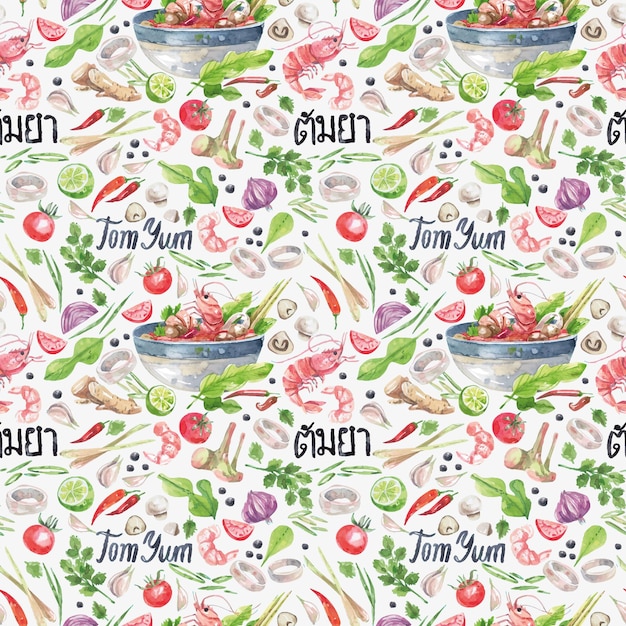 Patrón de acuarela sin costuras de cocina asiática con sopa tomyam.