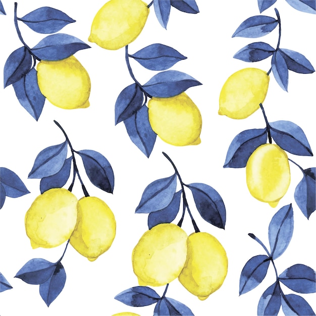patrón de acuarela sin costuras con limones amarillos y hojas azules
