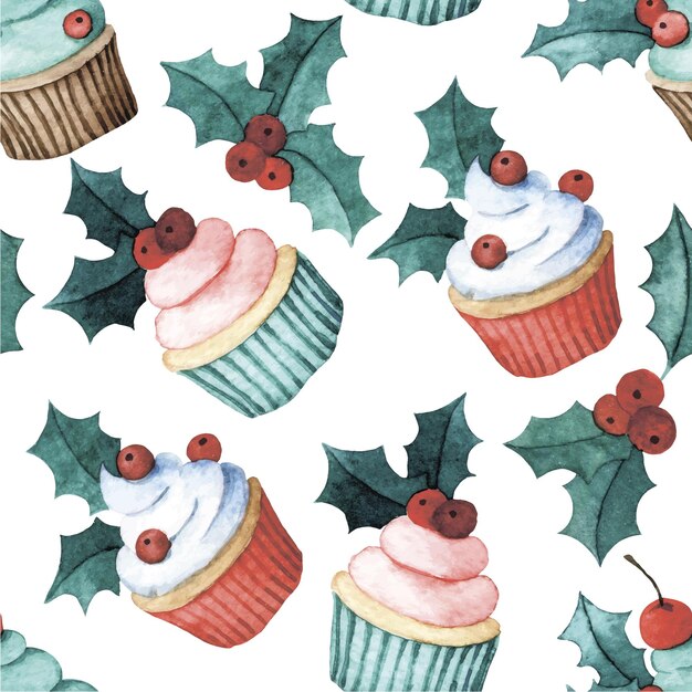patrón de acuarela sin costuras con pasteles de Navidad dibujos animados