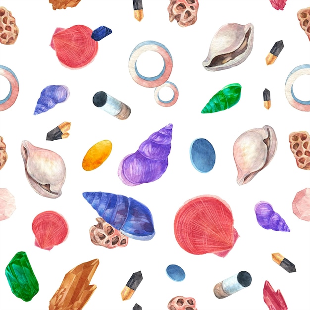 patrón de acuarela de diferentes conchas y un vector de lápiz