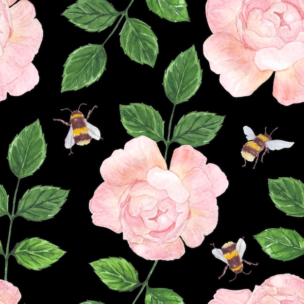 Patrón acuarela ilustración de rosas y abejas sobre un fondo negro