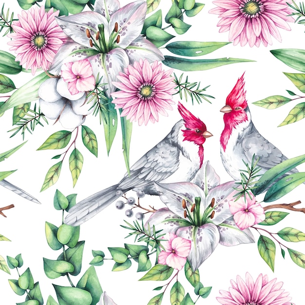 Patrón de acuarela con pájaros con flores