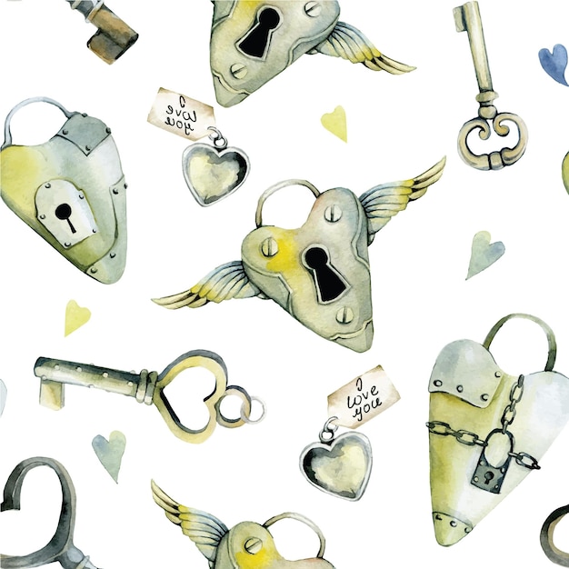 Patrón de acuarela transparente con cerraduras vintage de corazones en forma de llaves de corazón y corazones