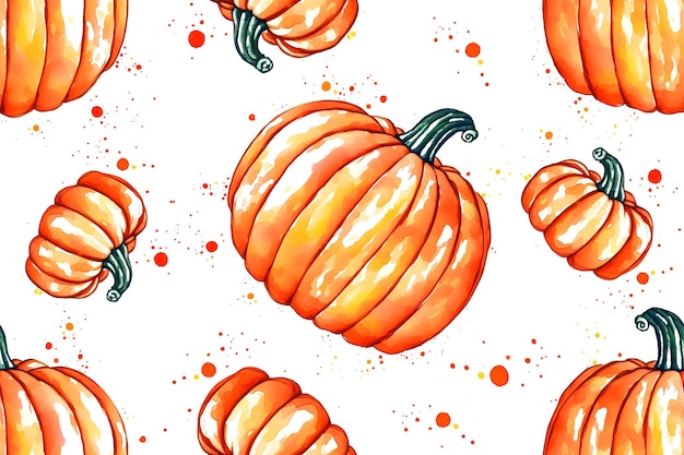 Patrón de acuarela transparente y fondo de puntos naranjas calabazas orgánicas maduras para halloween diseño de acción de gracias papel textil cosecha celebración otoño temporada