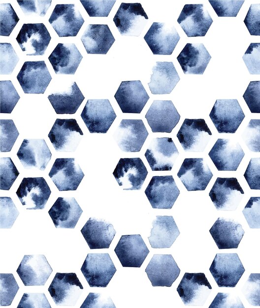 patrón de acuarela transparente con hexágonos sobre un fondo blanco impresión abstracta de manchas de azul