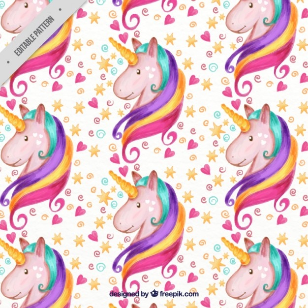 Vector patrón de adorable unicornio de acuarela con corazones y estrellas