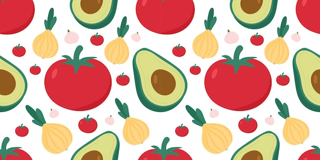 Patrón de aguacate, tomate, cebolla y ajo sin costuras en estilo vectorial plano sobre fondo blanco