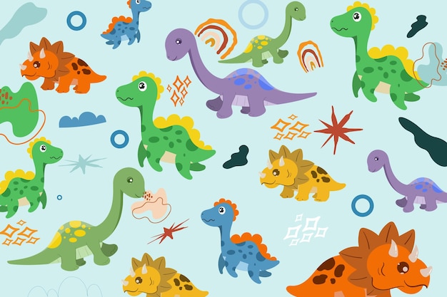 Patrón aleatorio dibujado a mano con dinosaurios y formas abstractas de dibujos animados Perfecto para tela para niños