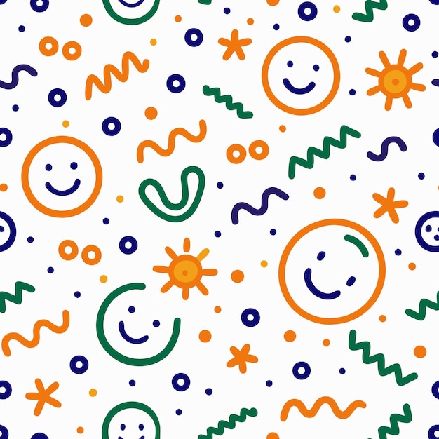 Un patrón alegre y colorido sin costuras con caras sonrientes estrellas y líneas onduladas