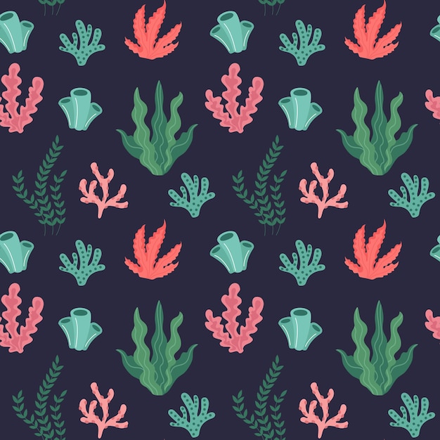 Patrón de algas marinas Coral marino Papel de pared de la naturaleza de verano Plantas submarinas Fondo submarino Acuario marino Laminaria hojas Flora acuática Impresión textil Vector textura ordenada sin costuras