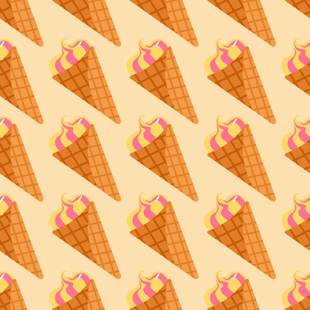 Patrón de alimentos sin fisuras con helado en cono de galleta sobre fondo beige claro. Telón de fondo decorativo para papel tapiz, papel de regalo, estampado textil, tela. ilustración.