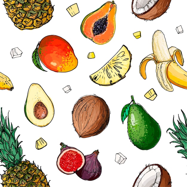 Patrón Alimentos frescos Sandía melón granada albaricoque caqui línea dibujada sobre un fondo blanco Ilustración vectorial