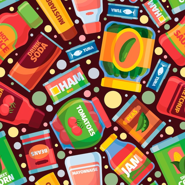 Patrón de alimentos Imágenes de productos de abarrotes enlatados para diseño textil ilustración de vector chillón de fondo sin costuras