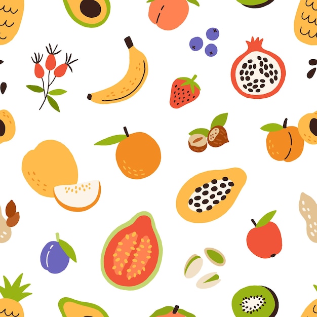 Patrón de alimentos saludables con frutas, nueces y bayas sobre fondo blanco. Textura repetitiva con vitaminas orgánicas frescas. Diseño de estampado moderno sin fin. Ilustración de vector plano coloreado para decoración.