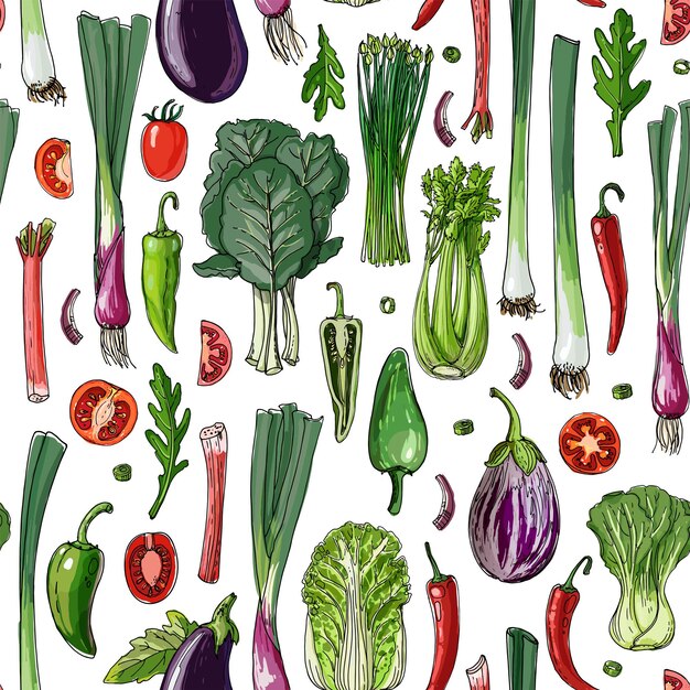 Patrón de alimentos vegetales vectoriales sobre fondo blanco Productos agrícolas de colores
