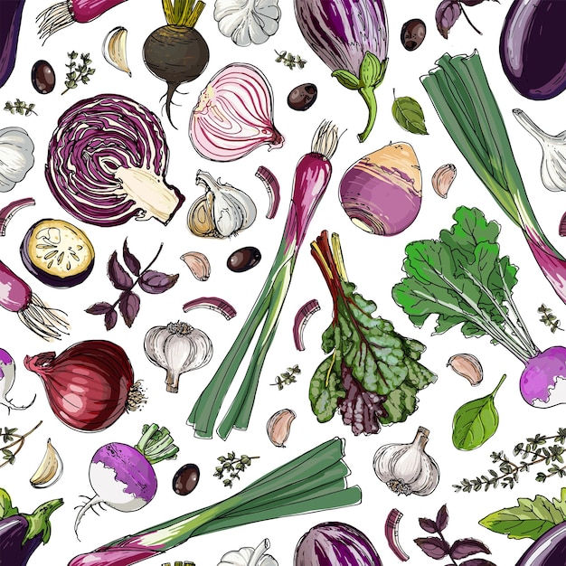 Patrón de alimentos vegetales vectoriales sobre fondo blanco Productos agrícolas de colores