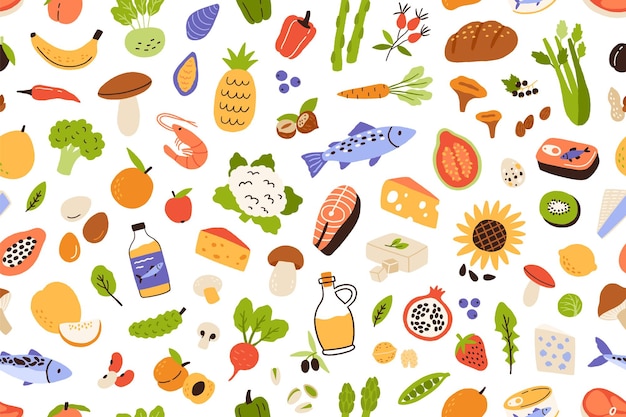 Patrón de alimentos vitamínicos saludables. Fondo transparente con verduras frescas orgánicas, frutas y pescado. Textura repetitiva interminable con comestibles. Ilustración de vector plano coloreado para impresión y decoración.