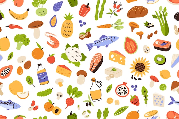 Vector patrón de alimentos vitamínicos saludables. fondo transparente con verduras frescas orgánicas, frutas y pescado. textura repetitiva interminable con comestibles. ilustración de vector plano coloreado para impresión y decoración.