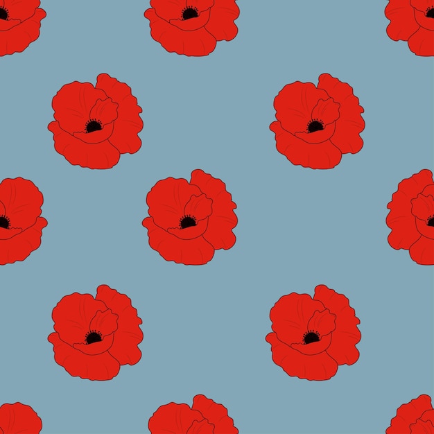 Patrón con amapolas rojas sobre un fondo azul Textura sin costuras Vector