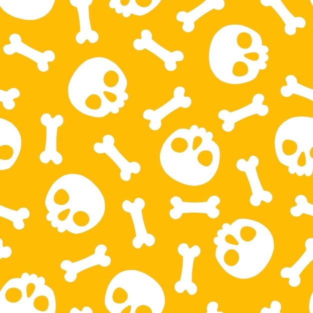 Patrón amarillo sin costuras con cráneos blancos