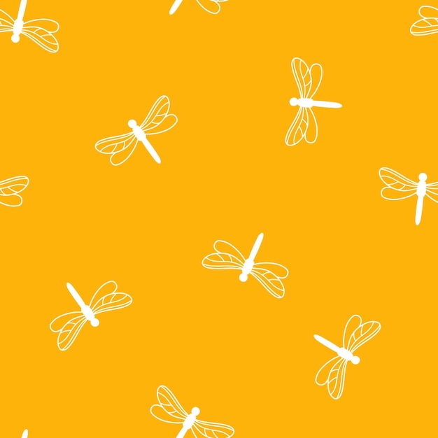 Patrón amarillo sin costuras con libélula blanca
