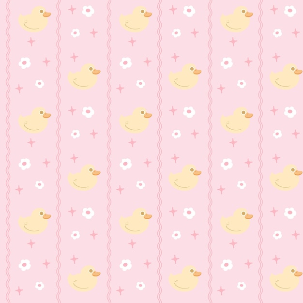 Patrón amarillo sin costuras con patos y flores de fondo Diseño de repetición de animales hermosos