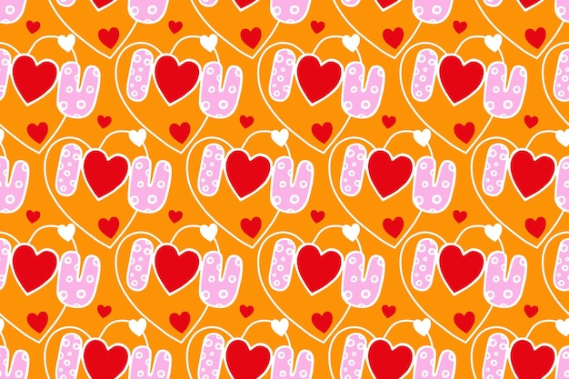 Patrón de amor vectorial sin inconvenientes con inscripciones de corazones de colores Te amo Lindo patrón para el Día de San Valentín Ilustraciones vectoriales dibujadas a mano al estilo de garabatos Aislados para papel de regalo