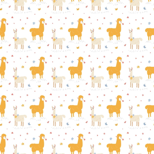 Patrón animal Llamas con flores Ilustración dibujada a mano en blanco Repita el fondo para papel tapiz