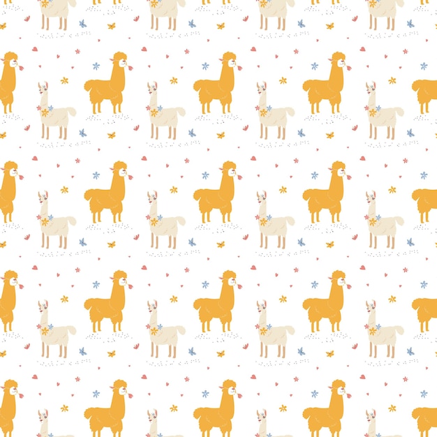 Patrón animal llamas con flores ilustración dibujada a mano en blanco repita el fondo para papel tapiz