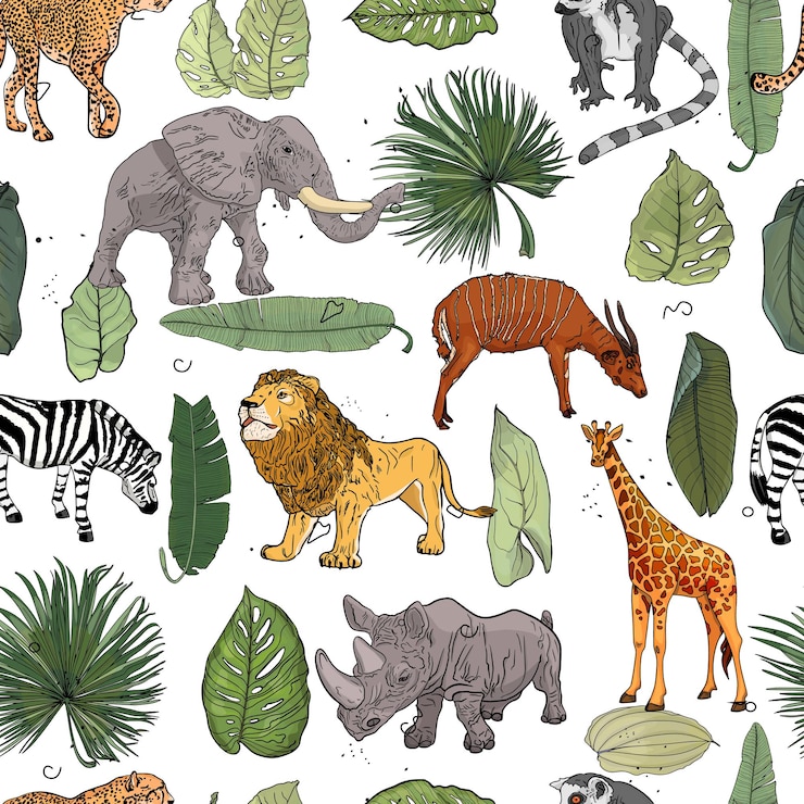 Vector patrón de animales africanos león guepardo elefante jirafa antílope rinoceronte cebra lémur palma y hojas de plátano para imprimir la tarjeta de ropa icono logotipo