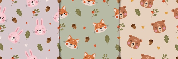 Patrón de animales salvajes bonitos animales salvajes niños patrón bosque dibujos animados conjunto de patrones sin costuras