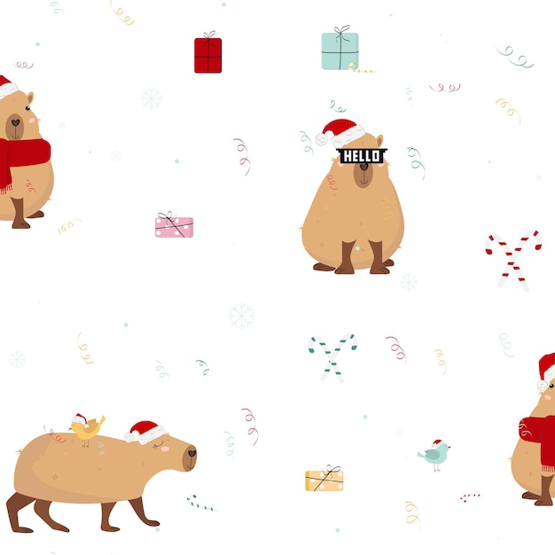 Patrón de Año Nuevo Capybaras lindas en sombreros de Año nuevo