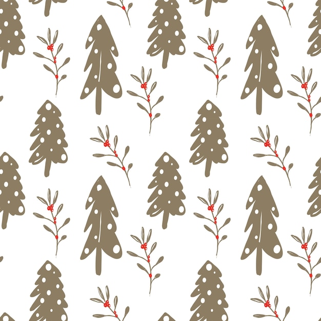 Vector patrón de año nuevo sin costuras en tonos verdes imprimir para imprimir en tela y papel de regalo fondo festivo ramas verdes abstractas con frutos rojos y árboles de navidad con nieve