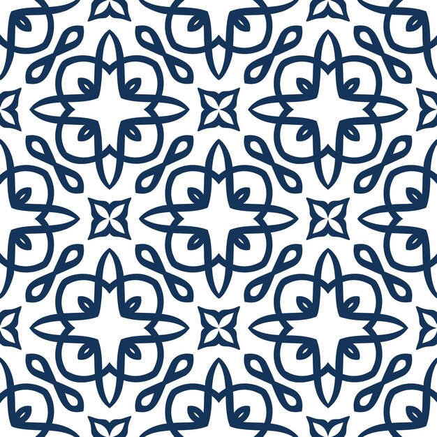 Patrón arabesco vectorial fondo florecido sin costuras con elementos florales azules oscuros líneas ornamentadas intrincadas diseño decorativo árabe azulejos cuadrados ornamento simétrico ilustración oriental
