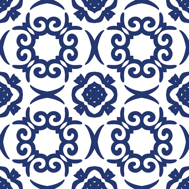 Patrón arabesco vectorial fondo florecido sin costuras con elementos florales azules oscuros líneas ornamentadas intrincadas diseño decorativo árabe azulejos cuadrados ornamento simétrico ilustración oriental