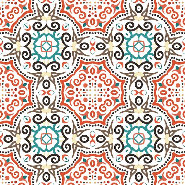 Patrón arabesco vectorial fondo de mandala sin costuras con elementos florales coloridos líneas ornamentadas intrincadas diseño decorativo árabe azulejos cuadrados ornamento simétrico ilustración oriental
