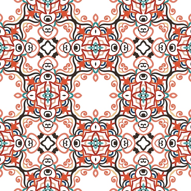 Patrón arabesco vectorial fondo de mandala sin costuras con elementos florales coloridos líneas ornamentadas intrincadas diseño decorativo árabe azulejos cuadrados ornamento simétrico ilustración oriental