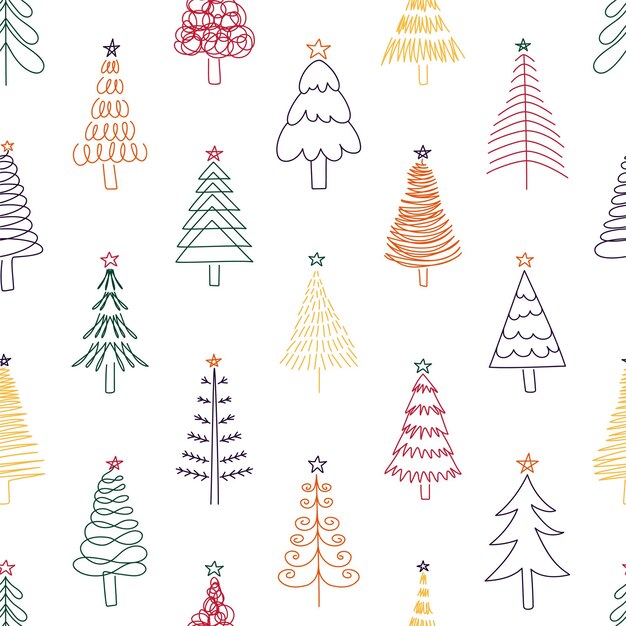 Patrón de árbol de Navidad Abeto lineal de garabato sin costuras para envolver papel presente y postales de felicitación Impresión de árbol de abeto vectorial