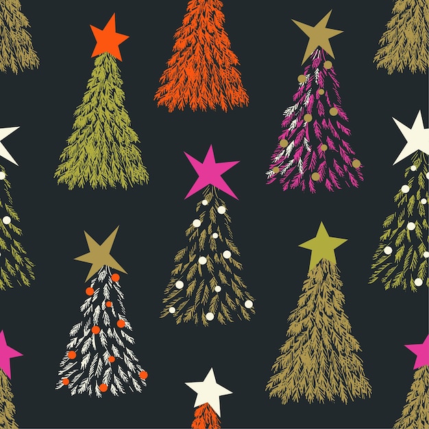 Vector patrón de árbol de navidad moderno con estrellas en negro, rojo, magenta y oro