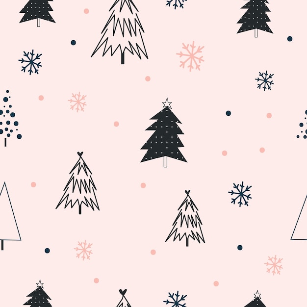 Patrón de árboles festivos de fondo navideño en diseño de doodle en rosa vector gratuito