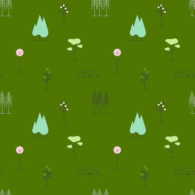 Patrón de árboles simples sin fisuras Naturaleza mínima bosque o parque Plantas de línea Estampado escandinavo botánico colorido Decoración textil papel de envolver diseño de papel tapiz Abeto pino roble Conjunto aislado vectorial