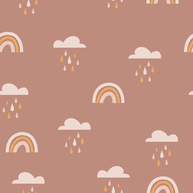 Patrón de arco iris bohemio Patrón sin costuras de vector infantil con lluvia de nubes de cielo Linda ilustración dibujada a mano en colores pastel de estilo escandinavo ideal para textiles de ropa de bebé