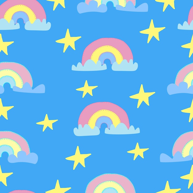 Patrón de arco iris con nubes y estrellas Vector de patrones sin fisuras para niños telas ropa papel pintado vivero