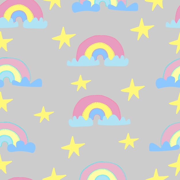 Patrón de arco iris con nubes y estrellas Vector de patrones sin fisuras para niños telas ropa papel pintado vivero